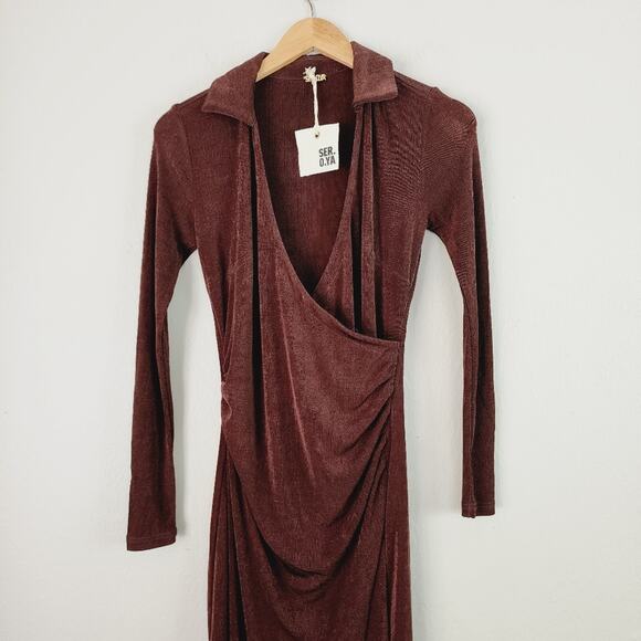 SER.O.YA Retrofete Elm Velvet Wrap Midi Dress Brown V-Neck S NWT - Picture 6 of 14